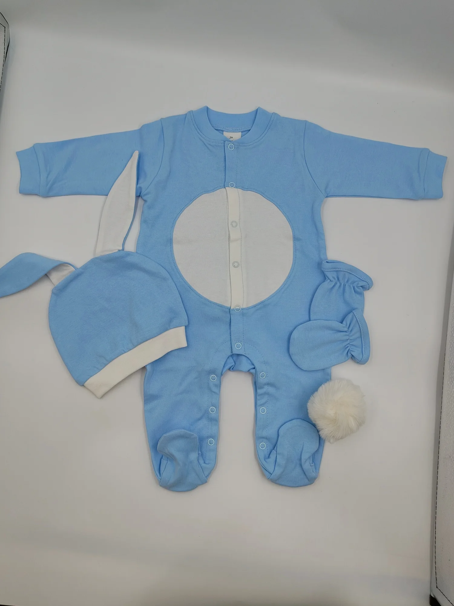 

Newborn Bunny Costume Romper Set, 3PCS Infant Footed Jumpsuit with Hat, Mittens & Tail, Ideal for Baby Boys Photoshoot,