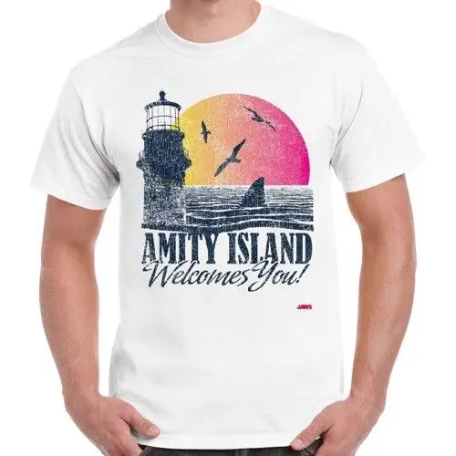 

Amity Island Welcomes You Jaws 70s Film Quints Movie Vintage Retro T Shirt 2276
