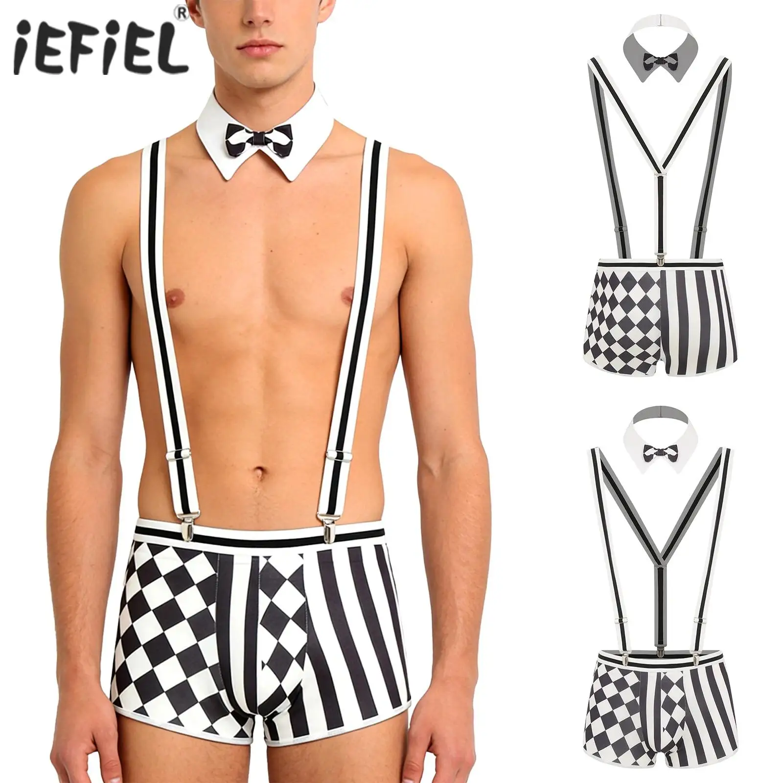

Mens Manservant Waiter Costume Checked And Striped Cosplay Lingerie Set Boxer Shorts with Detachable Y-back Suspenders Bodysuit