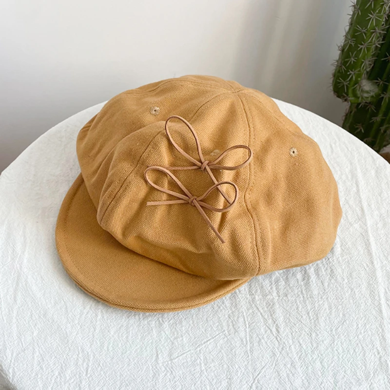 Korean Sweet Bow Design Berets for Women Show Face Small Spring Summer Travel Versatile Retro Literary Short Brim Octagonal Hat