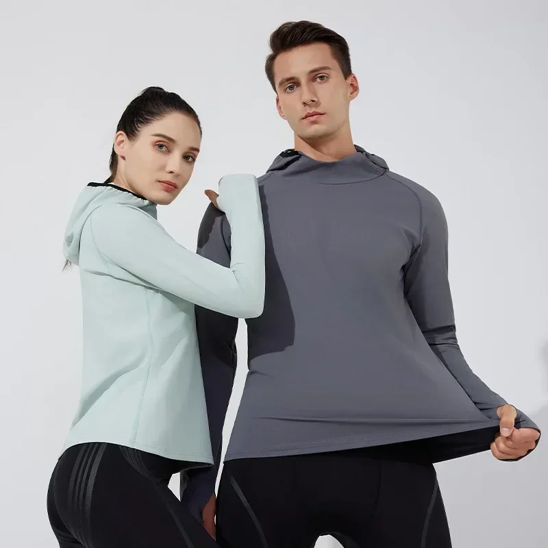 Sudadera deportiva de manga larga con capucha para hombre y mujer, ropa deportiva de terciopelo para correr, Top de Fitness sólido, ropa de gimnasio