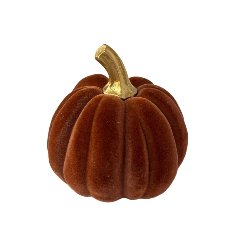 Brown Flocking Pumpkin Statue Artwork Desk Decoration Creative Pumpkin Sculpture Resin Crafts Ornaments Room Aesthetic Decor