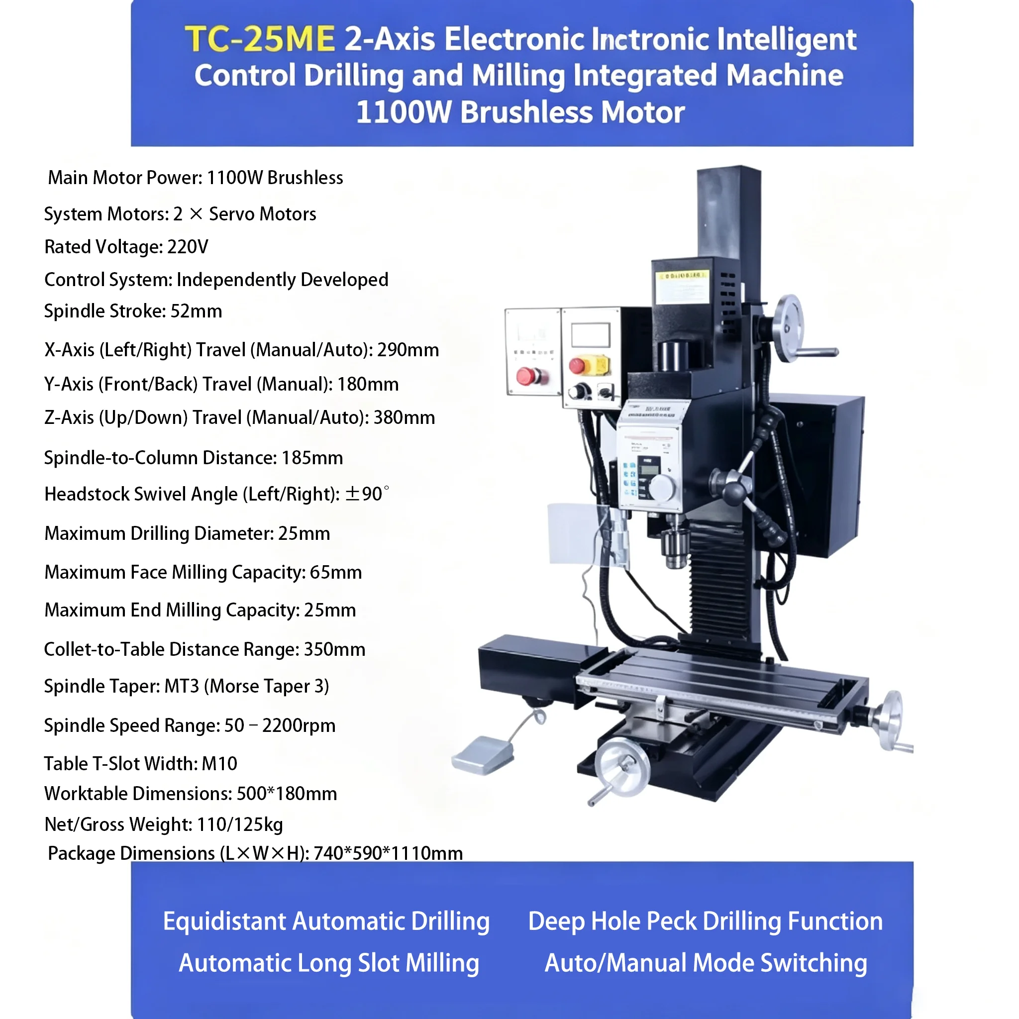 High Efficiency 220V TC25ME Drilling Milling Machine 2-Axis Servo Motor Control