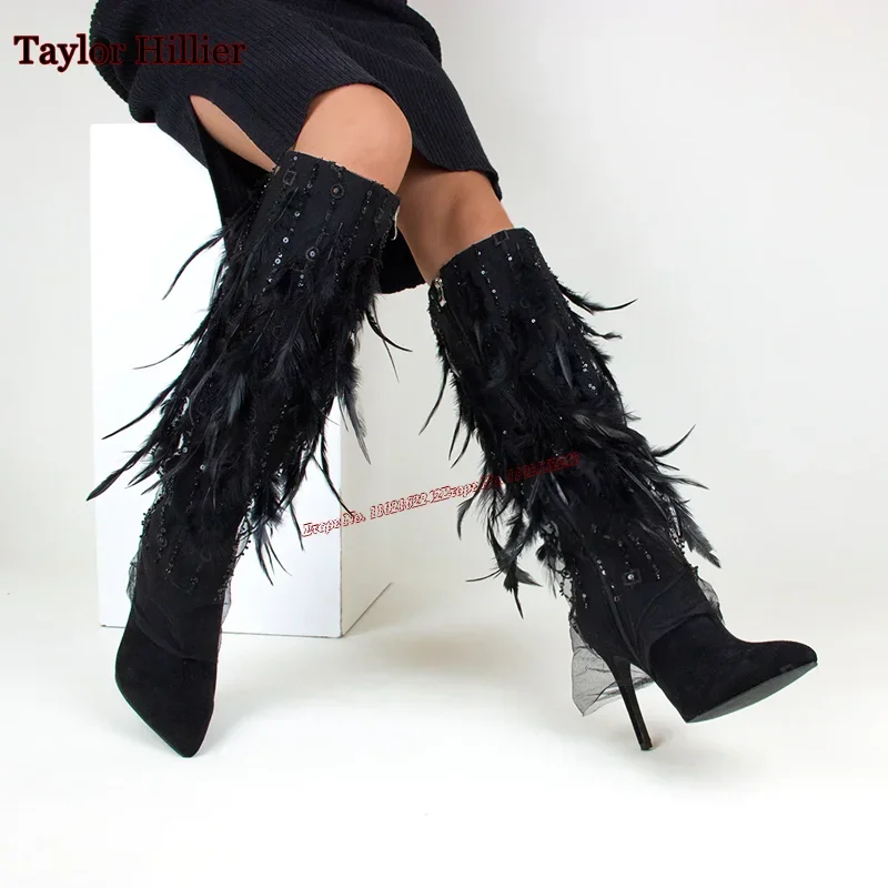 

Black Winged Pointed Toe Stiletto Heel Knee-High Boots Fashionable Sexy Catwalk Evening Women Winter Boots High Quality 41