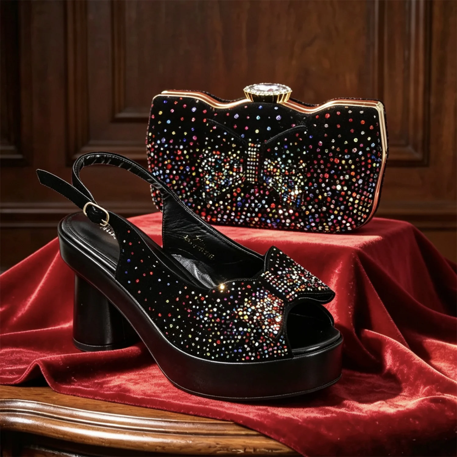 Women's Elegant Black Chunky Heel Platform Peep Toe Slingbacks Rhinestones Studded Sandals & Clutch Bag Set Wedding Party Evenin image 3