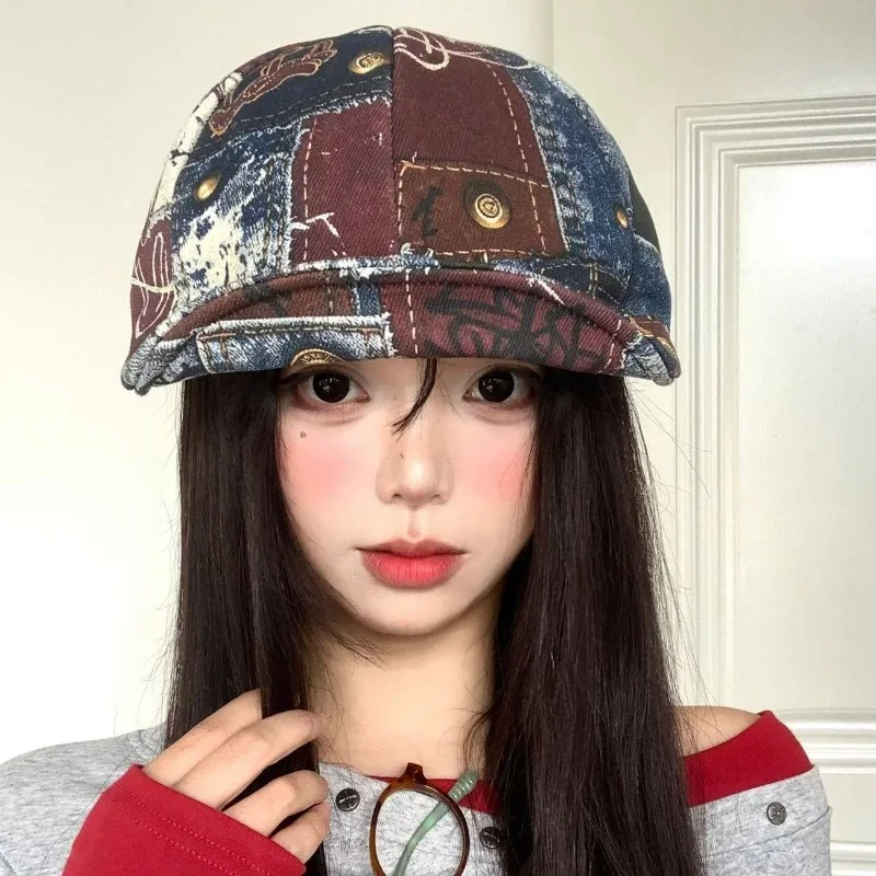 Splicing Cowboy Forward Hat Women'S Fashion Show Face Small Peak Cap Literary And Versatile Large Head Circumference Beret