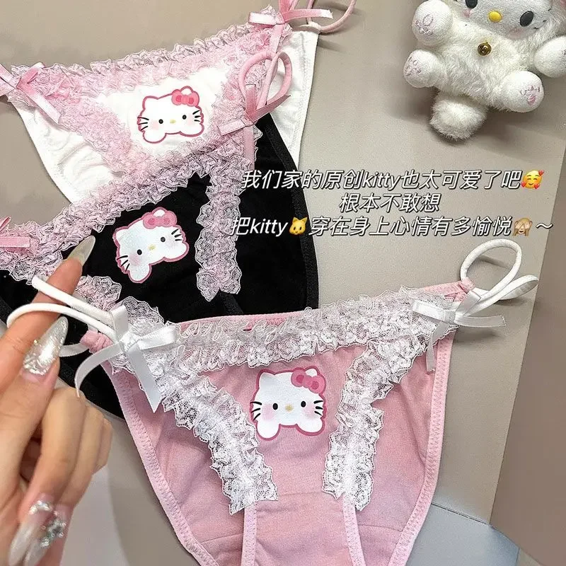 Sanrio Hello Kitty กางเกงชั้นในลายการ์ตูนอนิเมะเด็กผู้หญิง, ชุดชั้นในลูกไม้น่ารักการ์ตูนน่ารักน่ารักน่ารักเอวต่ำยกสะโพกชุดชั้นในของขวัญวันหยุด