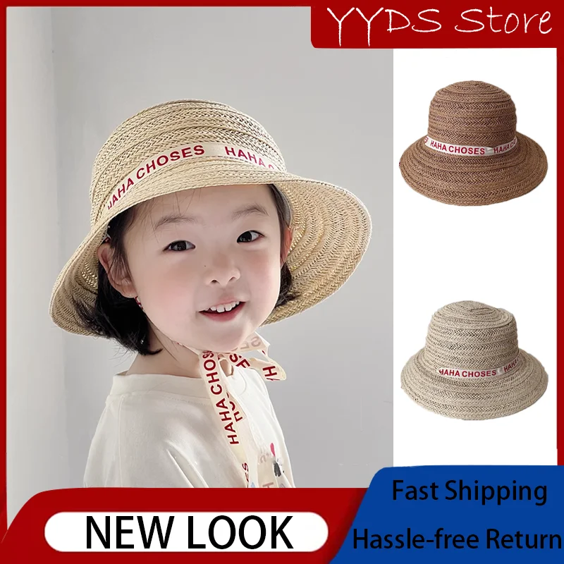

Children's Summer Large Brim Round Top Straw Hat Letter Fluttering Band Boys & Girls Hepburn Style Lampshade Hat
