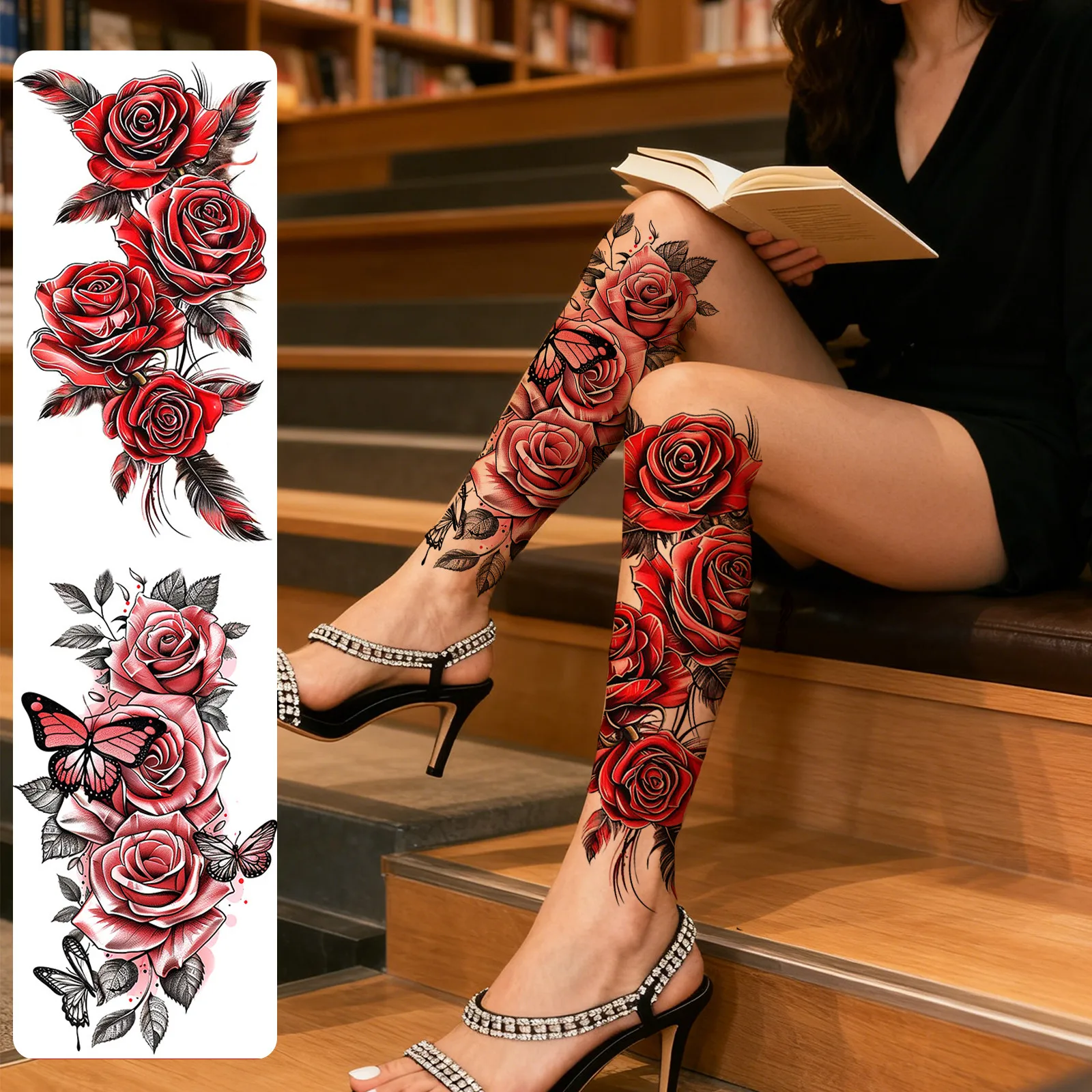 2 Sheets Red Pink Butterfly Rose Flower Temporary Tattoo Stickers, Waterproof Fake Tattoos, Suitable for Women and Men