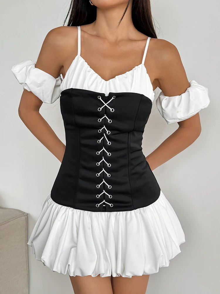 Women A-Line Dresses New Summer Streetwear Fashion Puff sleeves Lace-up Pleated Dress Black Sexy Backless V-neck Sling Dresses