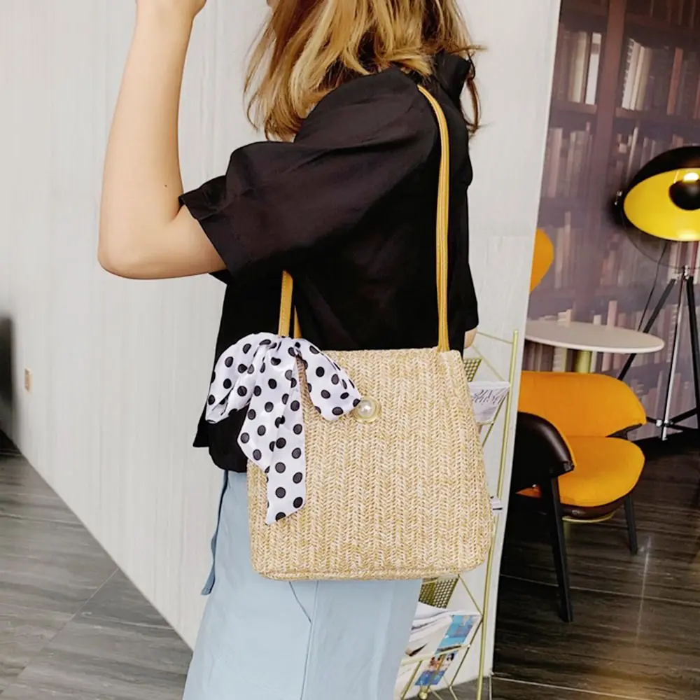 Summer New Korean Style Black Polka Dot Bow Straw Bag Holiday Beach Woven Shoulder Bag Elegant