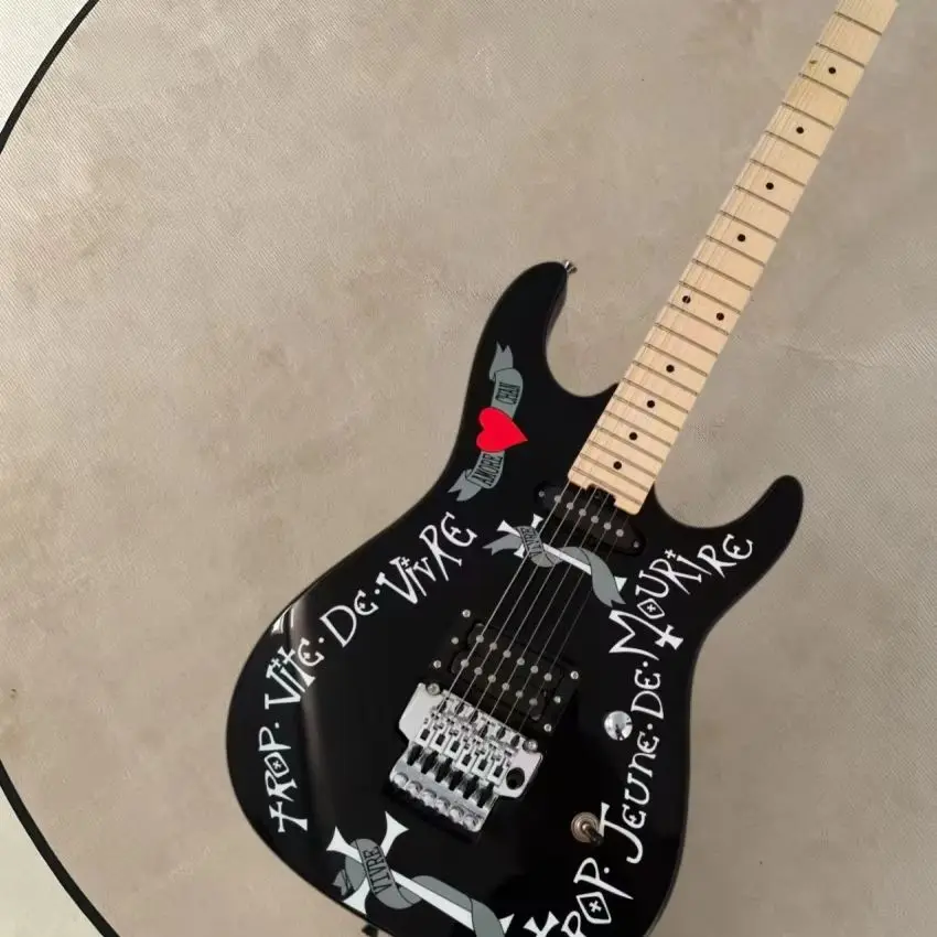 Black Solid Body Electric Guitar with Heart & Cross Graphic Print, Dual Humbucker Pickups, Double Locking Tremolo Bridge