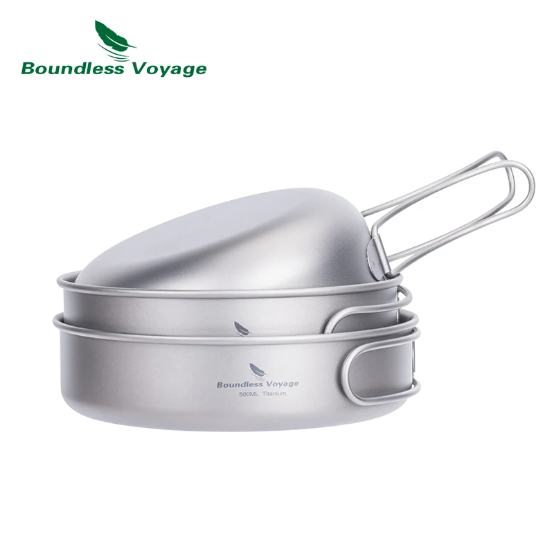 

Boundless Voyage Titanium Pot Pan Bowl Set 500ml 550ml 650ml Camping Cookware Outdoor Picnic Cooking Kit with Folding Handle