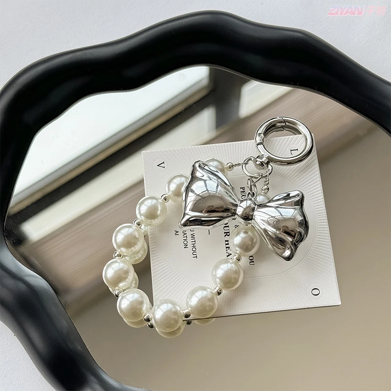 Bowknot Pearl Hoop Keychain para mulheres, pingente de charme, chaveiro ornamento, mochila, bolsa, presente para meninas