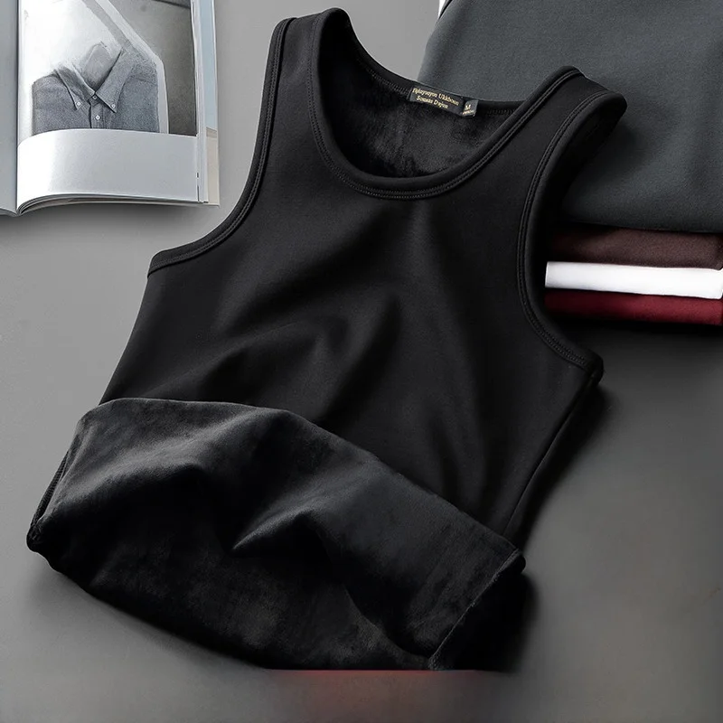 Thickened Fleece Warmth Men's Vest Slim Fit Cotton Underwear Base Layer Youth Fashion Winter round Neck Knitted Vest