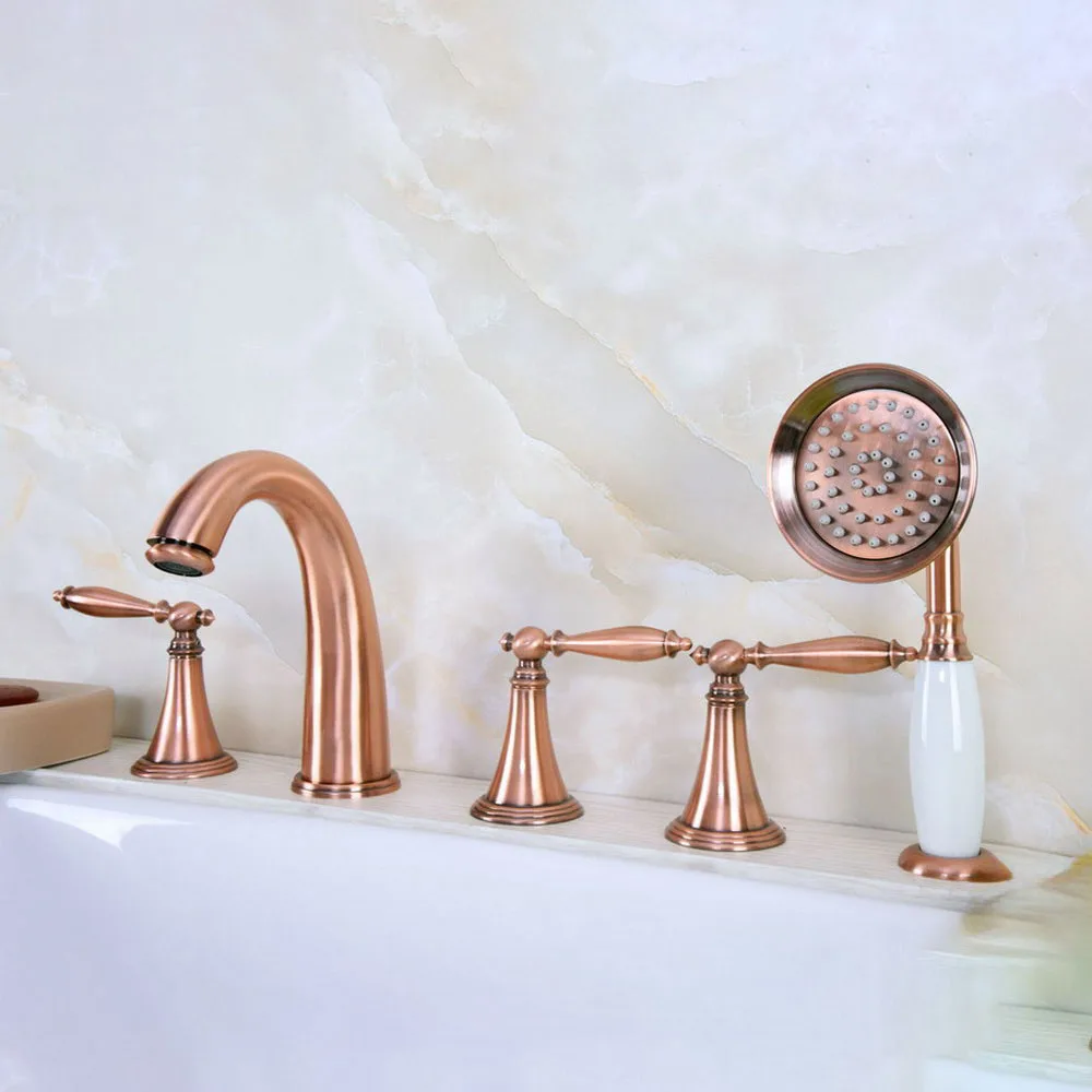 

Antique Red Copper Brass Three Levers Handles Deck Mounted 5 Holes Bathroom Tub Faucet Mixer Tap With Handshower mtf203