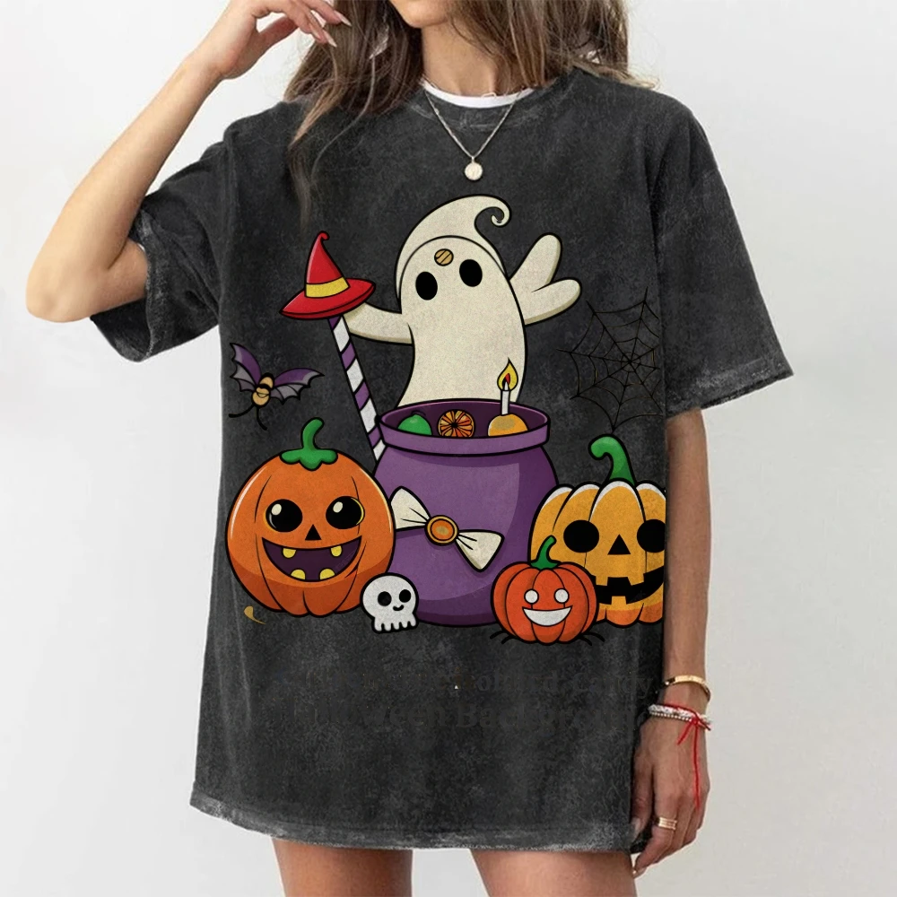 

Graphic T-Shirt Women's Vintage Washed Cotton Oversized Casual Halloween festival patterns Vintage Snowflake Washed T-Shirt