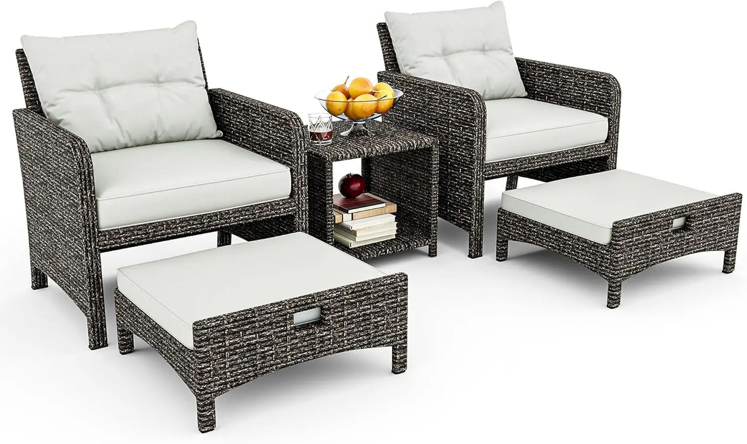 

5-Piece Wicker Patio Set with Cushions, Coffee Table & Ottoman for Balcony, Garden, Lawn (Grey)