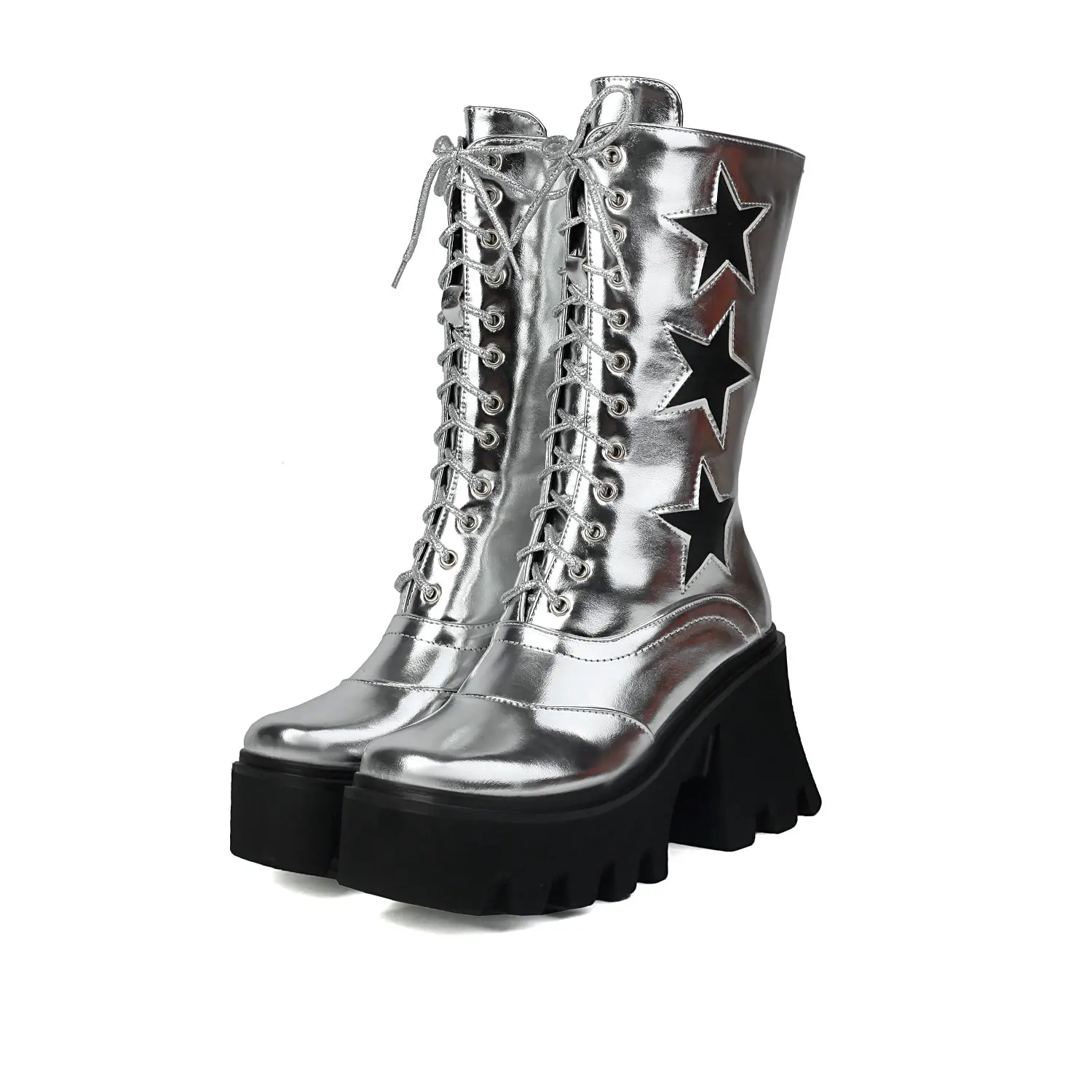 Winter Paltform Boots Women's Punk Silver Black Mid Calf Boots Starts Decor Wedges Shoes