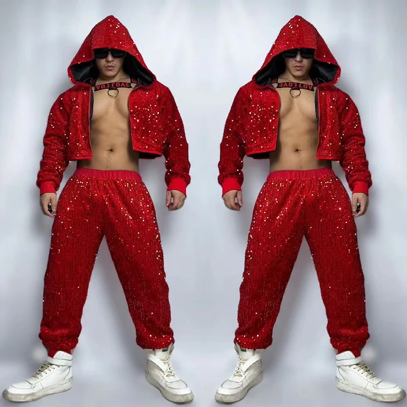 

Men Red Sequins Party Rave Outfit Hip Hop Dancing Clothes Male Festival Clothing Nightclub Dj Ds Gogo Show Dance Costume VDB5811