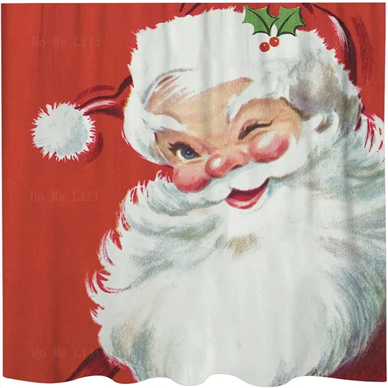 Vintage Christmas Jolly Santa Claus Shower Curtain Buffalo Plaid Bathroom Decor Holiday Decorations