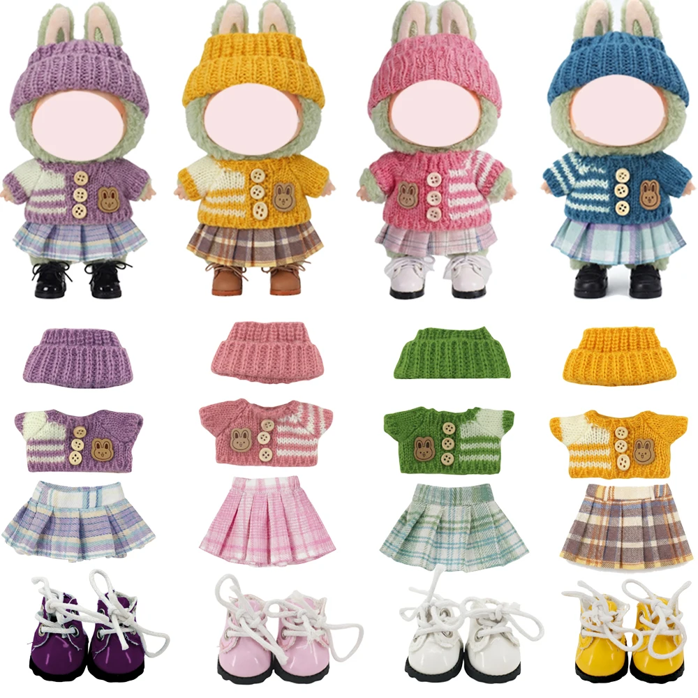 For Labubu Doll Pleated Skirt Set=Headband+Sweater+Skirt,Cute Rabbit Sweater Lace up Shoes College Dresses Fit 17CM Doll Clothes