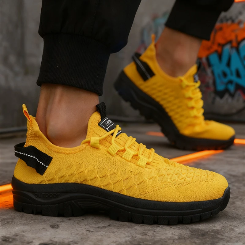 

Men's Yellow Knit Outdoor Sneakers Breathable Non-Slip Casual Shoes Lightweight Fashion Trendy Daily Athletic Footwear Shoes Men