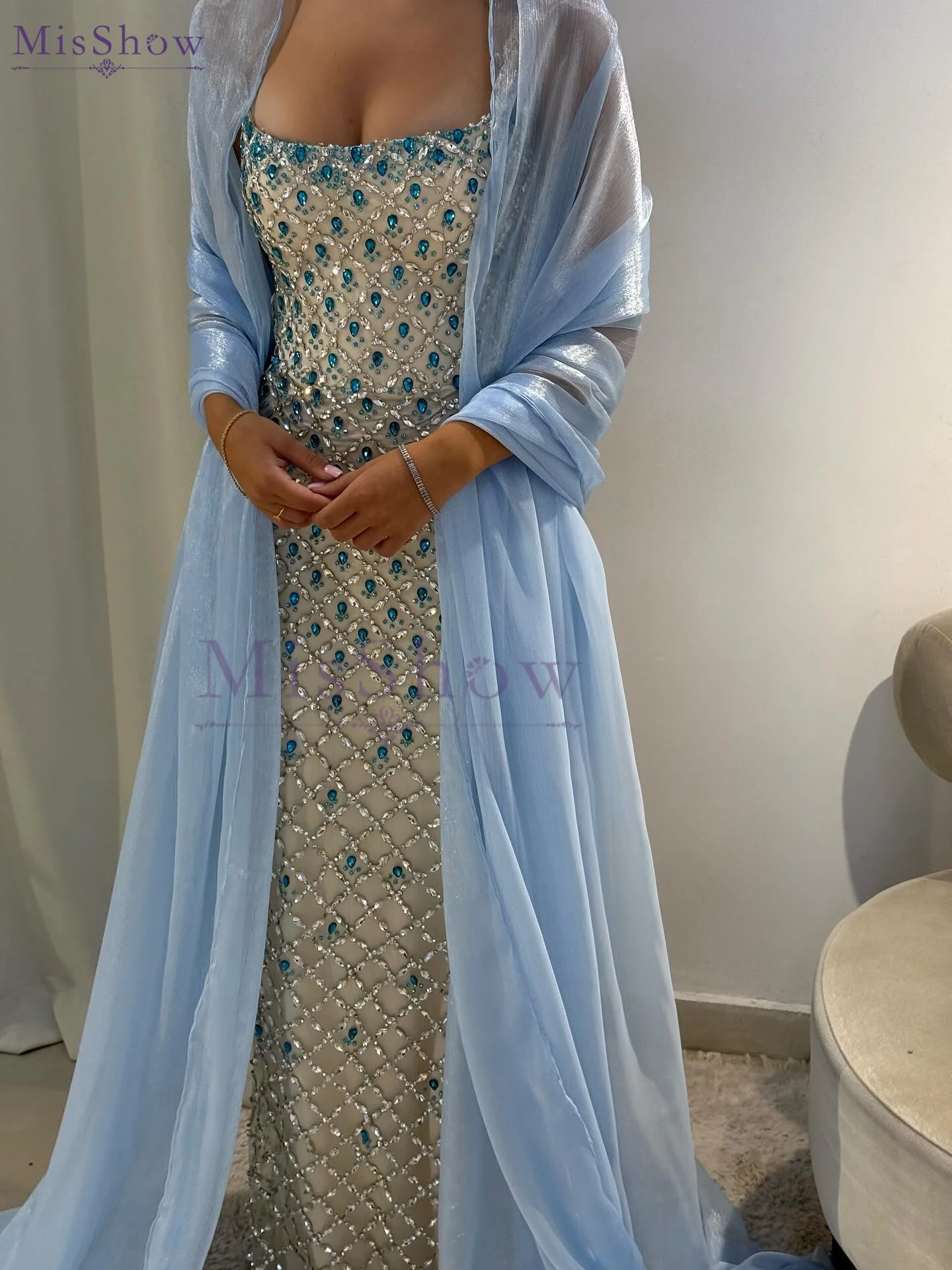 

Luxury Blue Diamond Evening Dress Sexy Strapless Backless Sheath Mermaid Prom Dresses With Shawl vestidos de fiesta elegantes