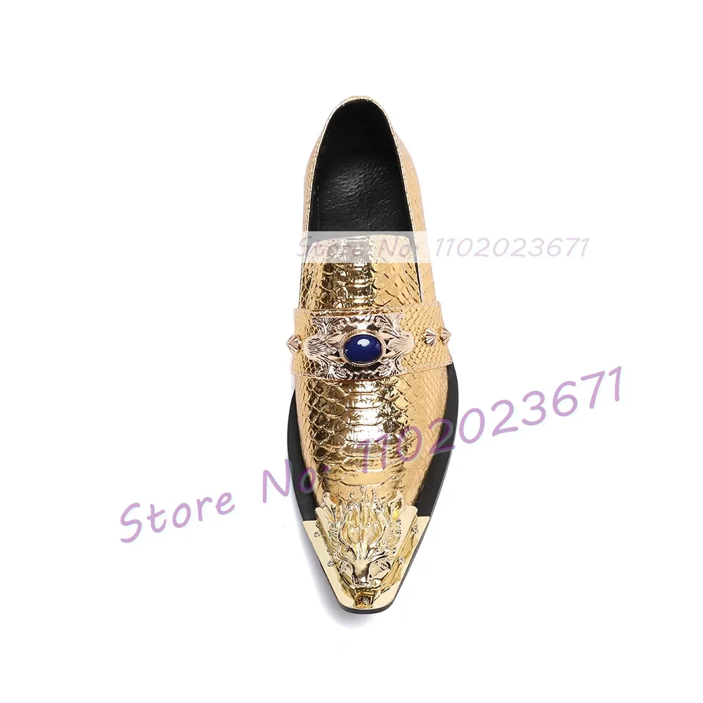 Gold Genuine Leather Oxford Men Shoes Luxury Print Metal Toe Fashion Loafers Gems Decor Retro Fashion Shiny Low Heel Boots