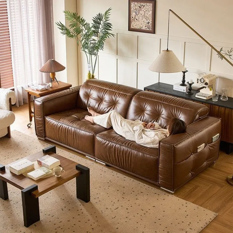 Retro oil wax leather leather sofa medieval straight row three-person living room sofa head rest adjustable