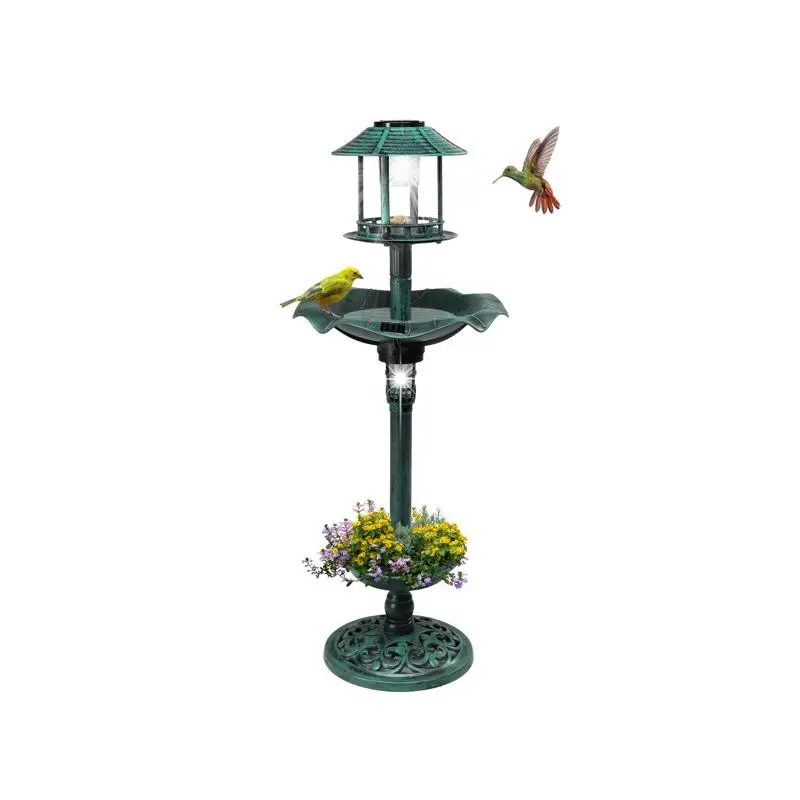 

Наружный фонтан для ванны для птиц с солнечной подсветкой и кашпо и кормушкой, винтажный садовый декор для двора, зеленый цвет