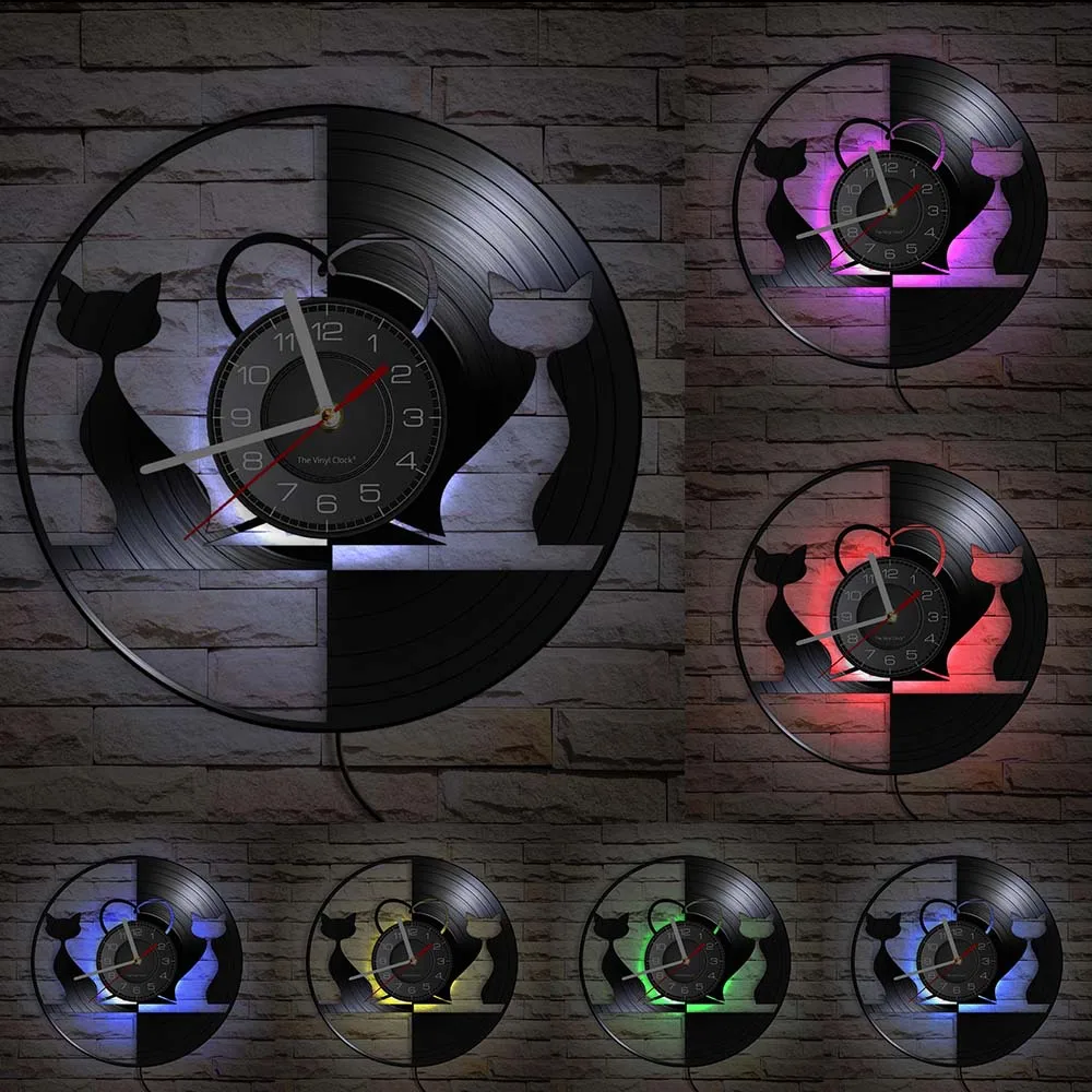 Cats Couple Modern Wall Clock Black Cats Silhouette Wall Decor Kittens Vinyl Record Wall Clock Housewarming Gift For Cat Lover