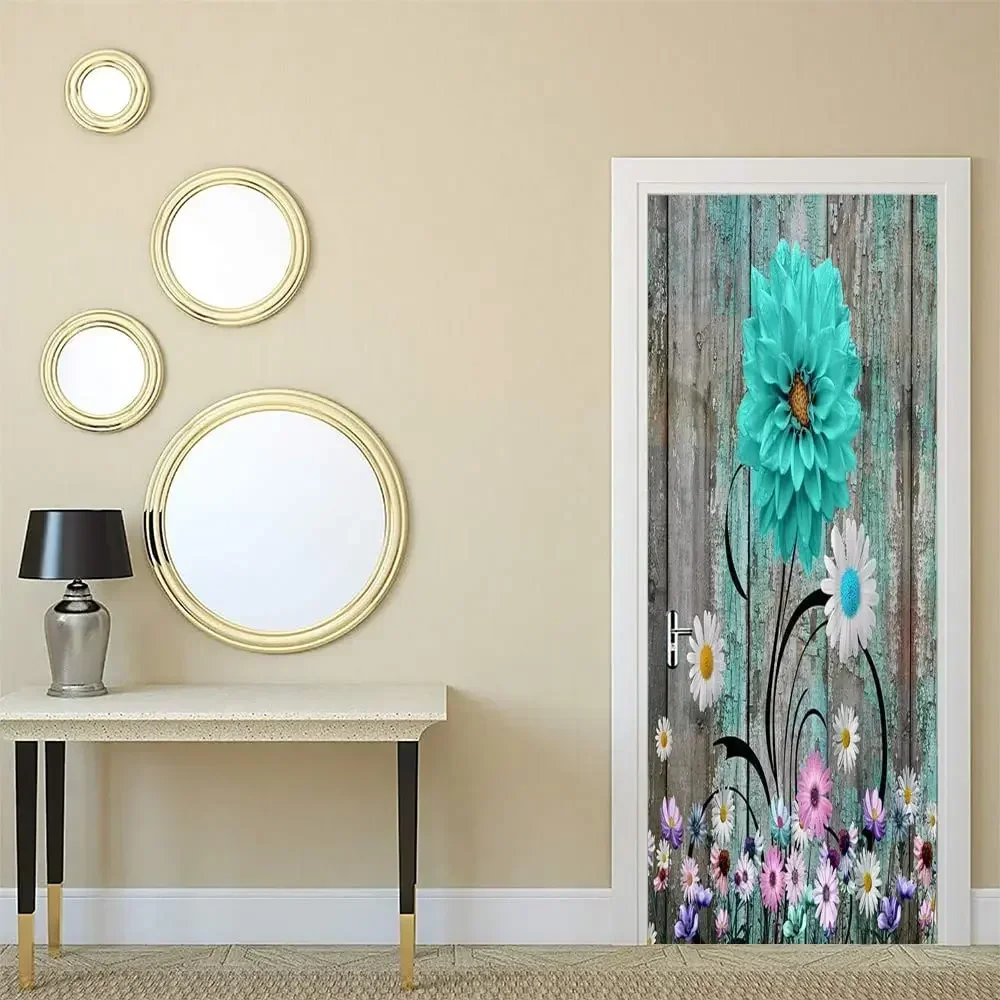 Planks and Flowers Door Sticker Board Blue Colorful Floral Decal Removable Plant Door Mural Poster Wallpaper Home Bedroom Decor