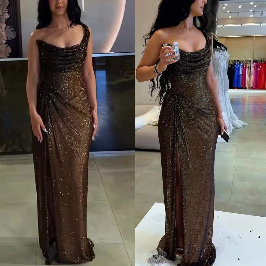 

Sexy Elegant Full Length High Split Party Dress Chic Girdling Banquet Maxi Dress Luxury Women One Shoulder Glitter Slim Dress