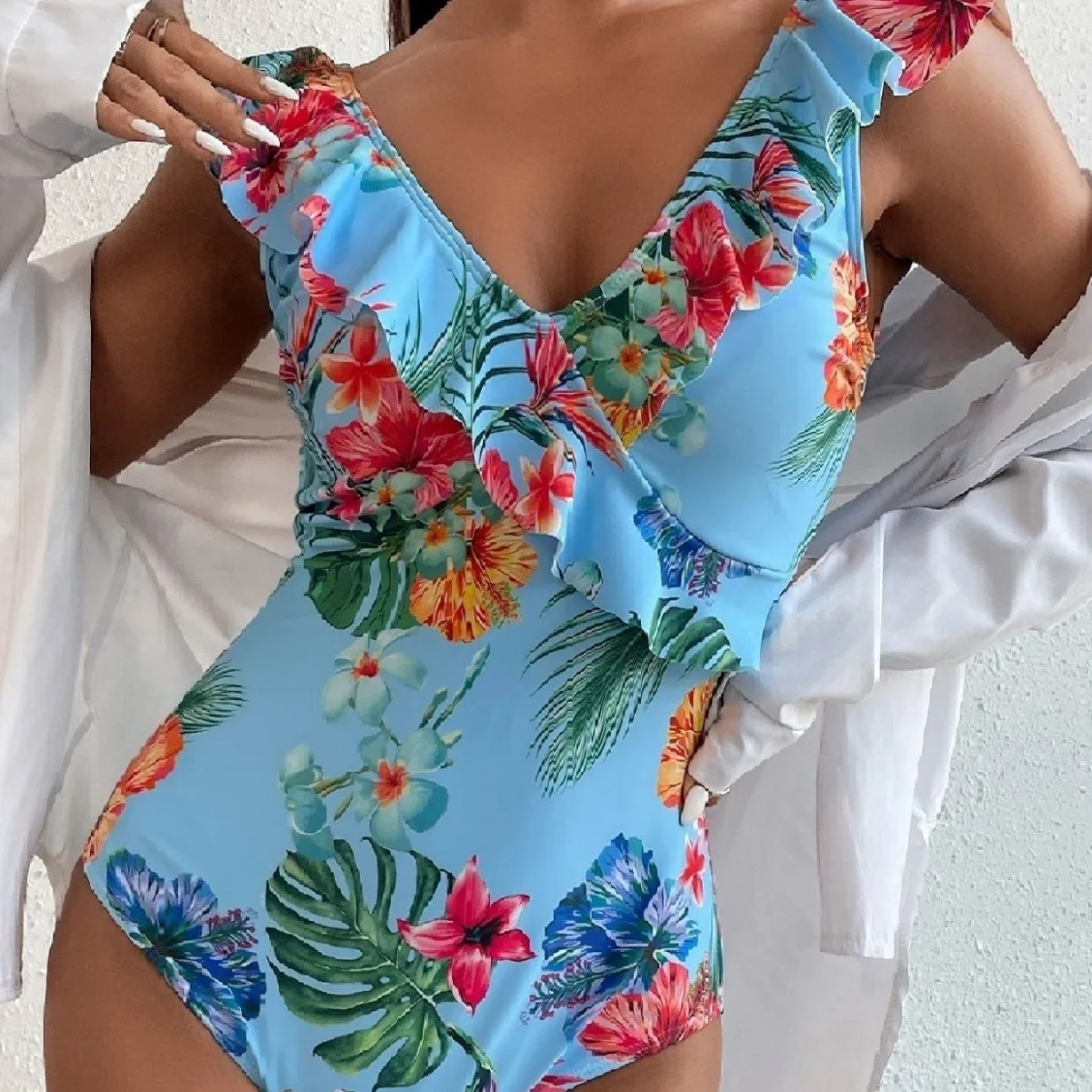 2025 nuevo Bikini Sexy de cintura alta de una pieza para mujer, traje de baño con estampado Floral, traje de baño sin espalda con volantes, ropa de playa ajustada para verano