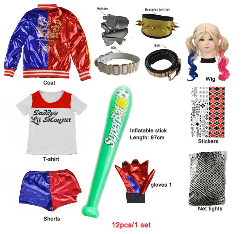 Kostum Cosplay Bunuh Diri Anak Perempuan Kaus Quinn Squad Monster Mantel Jaket Baseball Aksesori Bat Set Lengkap