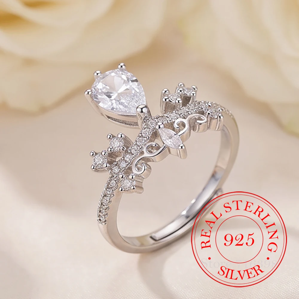 925 Sterling Silver Jewelry Luxury Crystal Waterdrop Crown Finger Rings for Women Wedding Party Jewelry for Girls Friends Gift