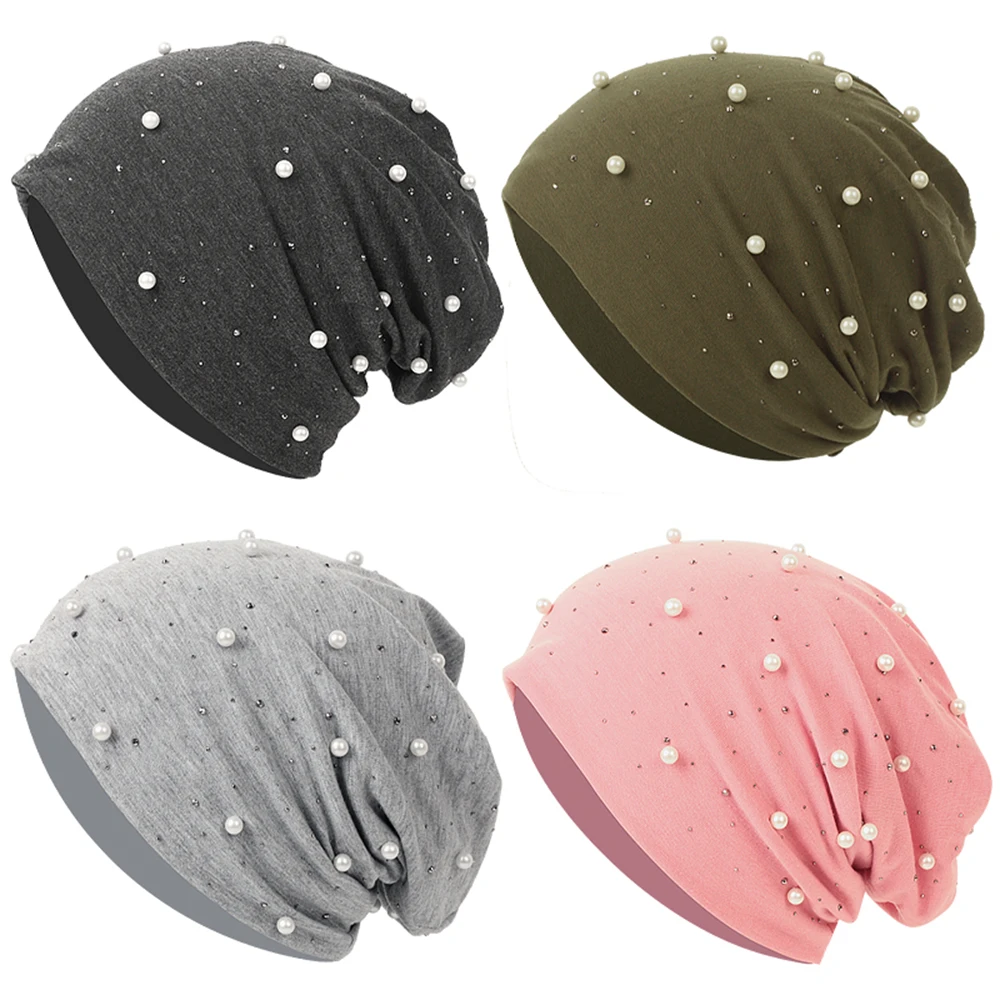 

Fashion Pearl Beanie Cap Headgear Women Solid Color Pearl Hat Autumn Winter Hats For Female Bonnet Knitted Autumn Outdoor Beanie