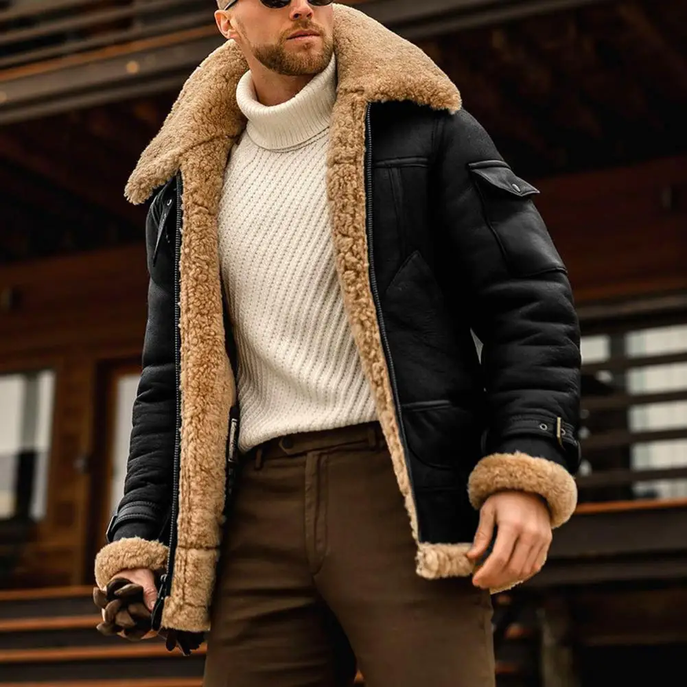 Oversize Men แจ็คเก็ต Plush ซับ Turndown Collar Zipper ฤดูหนาว Faux Fur ฤดูใบไม้ร่วงฤดูหนาวผู้ชายหนาเสื้อแจ็คเก็ต