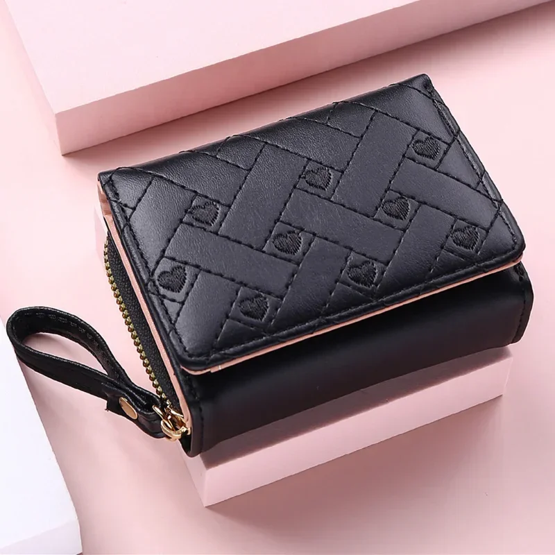 Cute Women\'s Wallet for PU Leather Fashion Embroidered Love Heart Tri-fold Small Card Holder Multi-card Slot Coin Purses