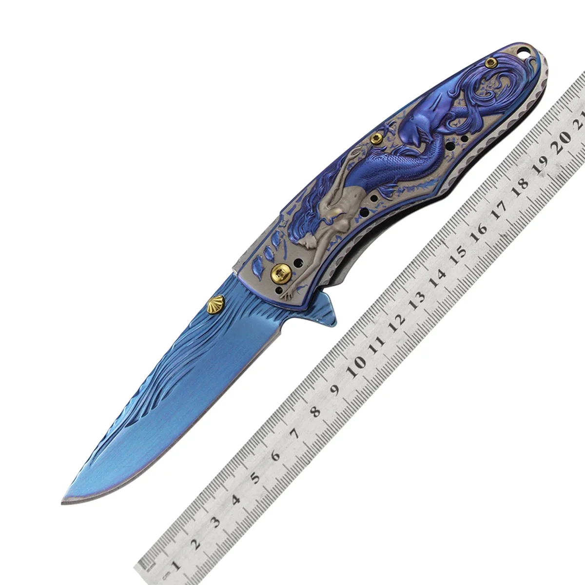 

Tactical Survival Hunting Camping Knife, Fold Blade Stonewash/ Multi-Color MERMAID Engrave Handle 3D Collection Pocket Knifes