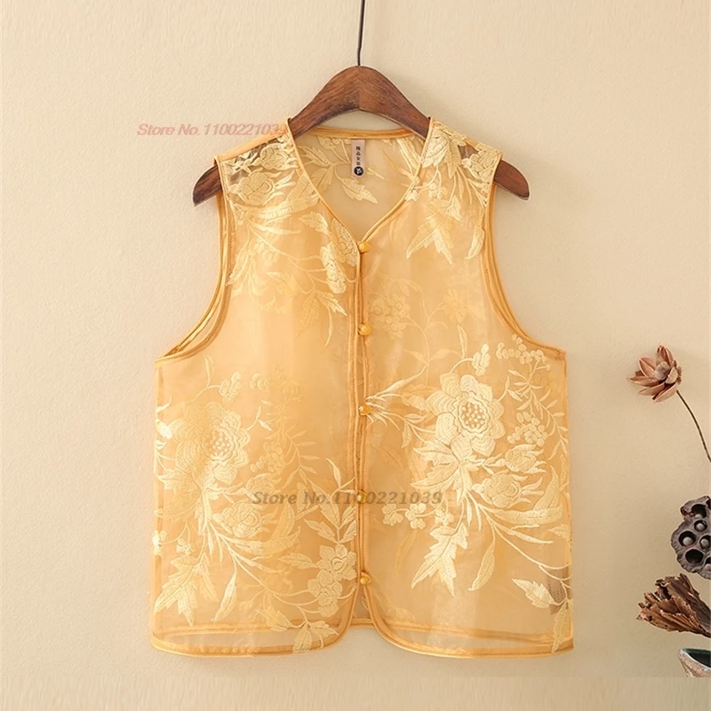 

2024 chinese vintage vest traditional v-neck folk vest national flower embroidery mesh chiffon vest sleeveless jacket hanfu tops