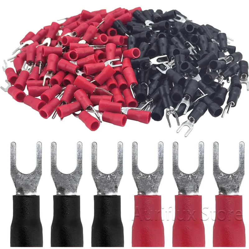 

200Pcs AWG22-16 red black fork type wire spring terminal SV1-3 0.5-1.5mm² U Y brass insulated spade crimping wire terminal
