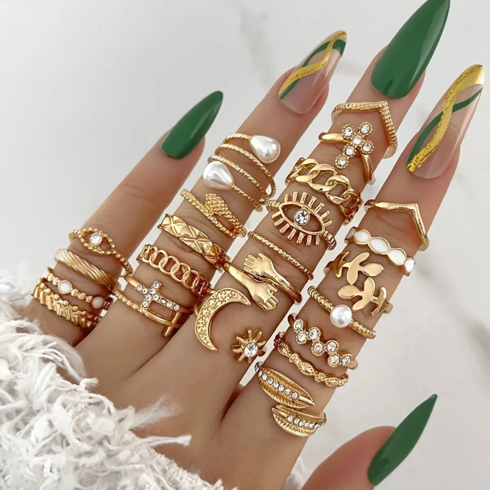 Conjunto de anillos de unión ondulados de oro/plata brillante, conjunto de anillos multiestilo de aleación en forma de corazón, anillo de unión de cadena de amor para mujer