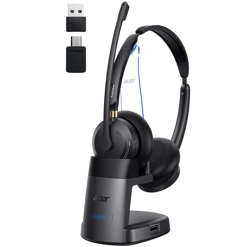 Acer 2.4GHz & Bluetooth 5.3 draadloze headset met microfoon voor werk, USB-dongle, over-ear hoofdtelefoon voor callcenter, ruisonderdrukking