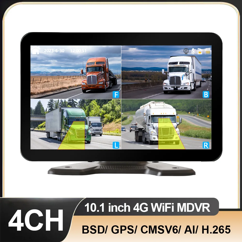 4CH GPS 4G WiFi MDVR 10.1 Inch IPS Touch Screen Vehicle DVR Monitor System BSD Loop Recording CMSV6 For Truck/Trailer/Bus