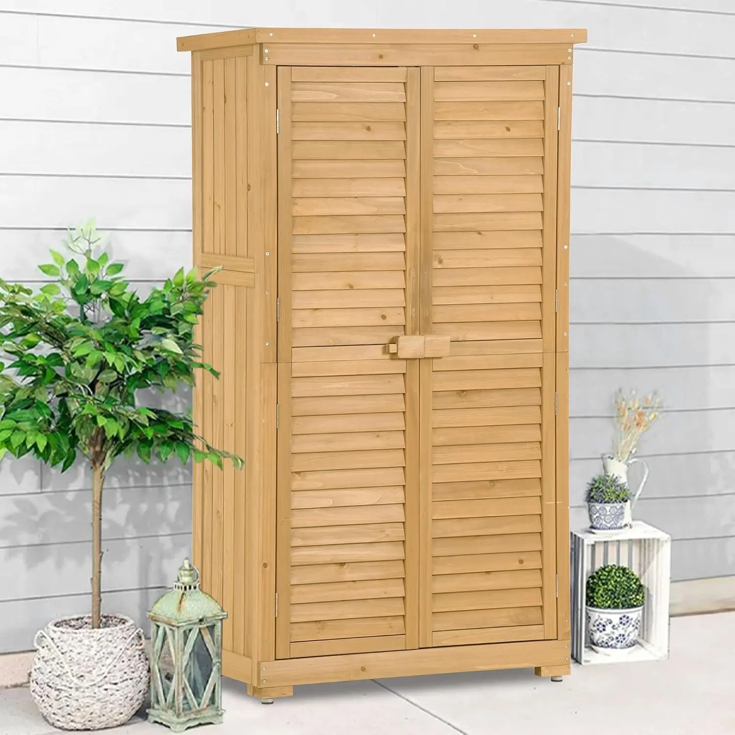 Outdoor Garden Storage Shed Vertical Cabinet 3 Shelves Shutter Fir Wood Tool Organizer Lawn Backyard Patio, Customized