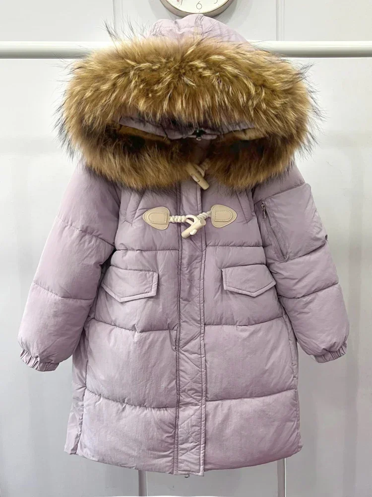 Autumn Winter Girls Warm Hooded Parka Solid Color Casual Kids Down Padded Jacket Children Zipper Loose Coat Pink Purple TR193