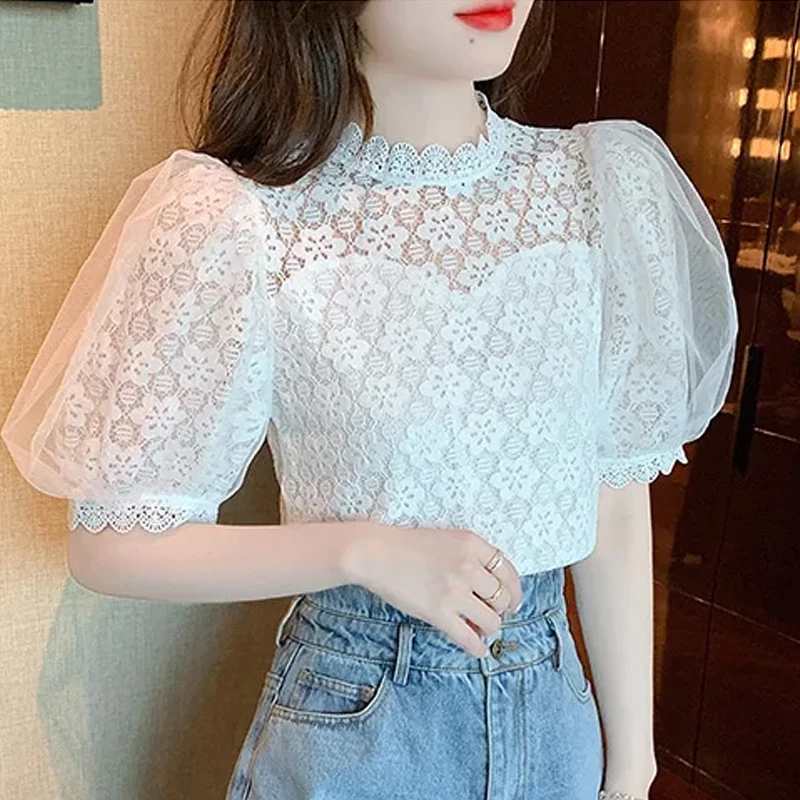 بلوزة دانتيل بأكمام قصيرة للنساء ، بلوزة أنيقة بياقة عالية ، قميص أبيض ، حلو ، زهرة ، كروشيه ، الصيف ،