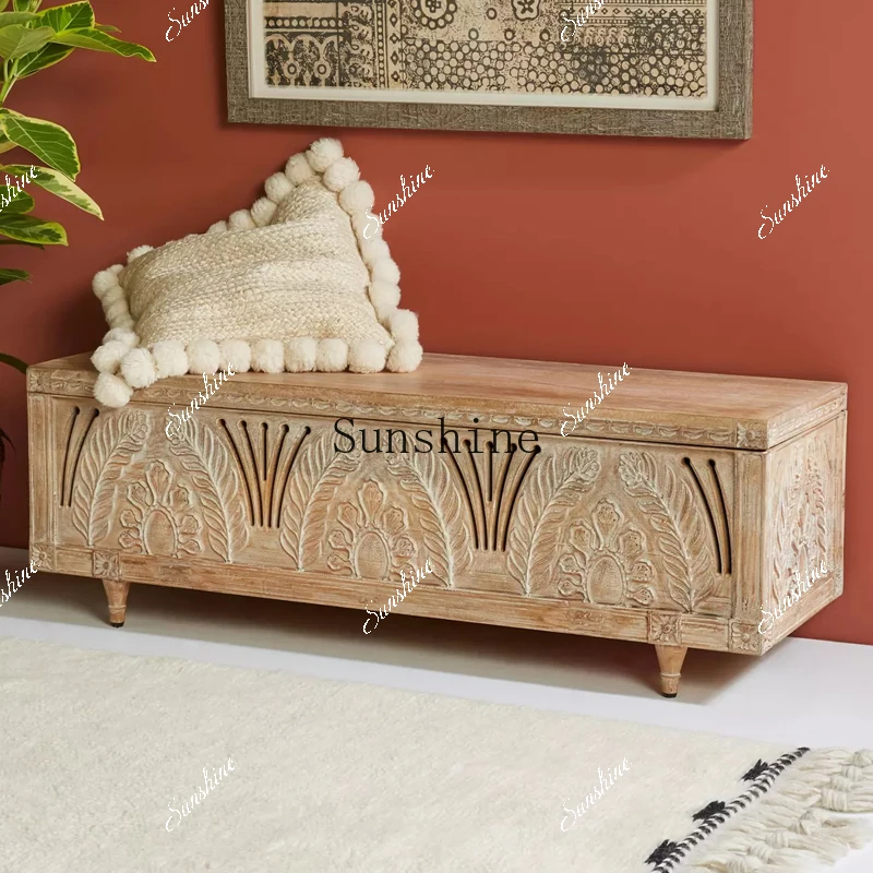 Solid wood carving flower shoe stool homestay log antique old decorative storage stool